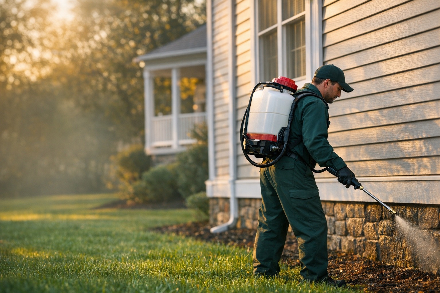 Pest control technician treating a Northeastern Pennsylvania home